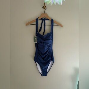 Blue Ruched Scallop One Piece Modest‎ Bathing Suit Size  Small